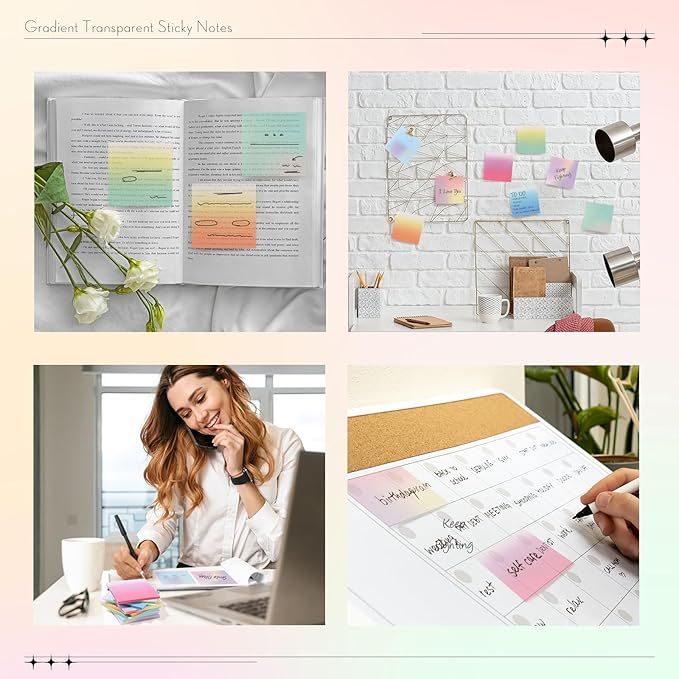 400 Sheets Gradient Transparent Sticky Notes 3 x 3 Inch Clear Pastel Aesthetic Self-Adhesive Sticky Notes for Annotating Bible Journaling Office College Supplies, 8 Pads