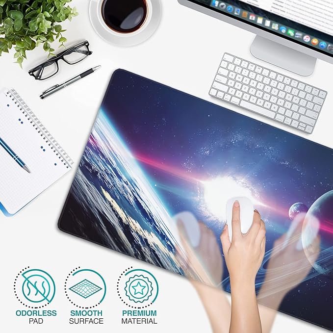 Planets and Nebula in Space Extended Gaming Mouse Pad Large Desk Mat with Non-Slip Rubber Base and Stitched Edges,Keyboard Mouse Mat Desk Pad for Work,Game,Office,Home 35.4 * 15.7 Inch