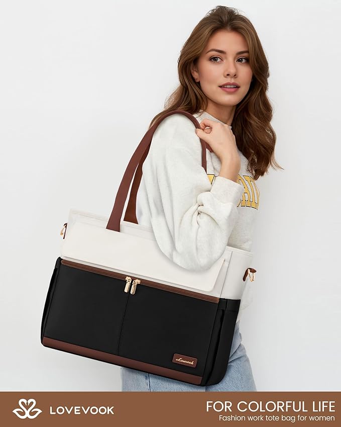 LOVEVOOK Teacher Tote Bag for Women, 15.6 Inch Laptop Bag with Inside Large Cup Pocket, Large Capacity&Multi-Pockets Nurse Work Bag, Professional Briefcase Business Purse Handbag Gifts, Black Brown