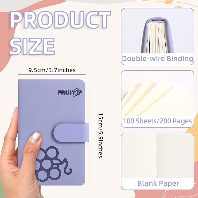 BOBO RABBIT Blank Journal Small Pocket Leather Notebook No Lines for Drawing Plain Sketch Book Cute Cartoon Fruit Grapes Unlined Journal for Travel Work School, 200 Pages, 3.7"X5.9"