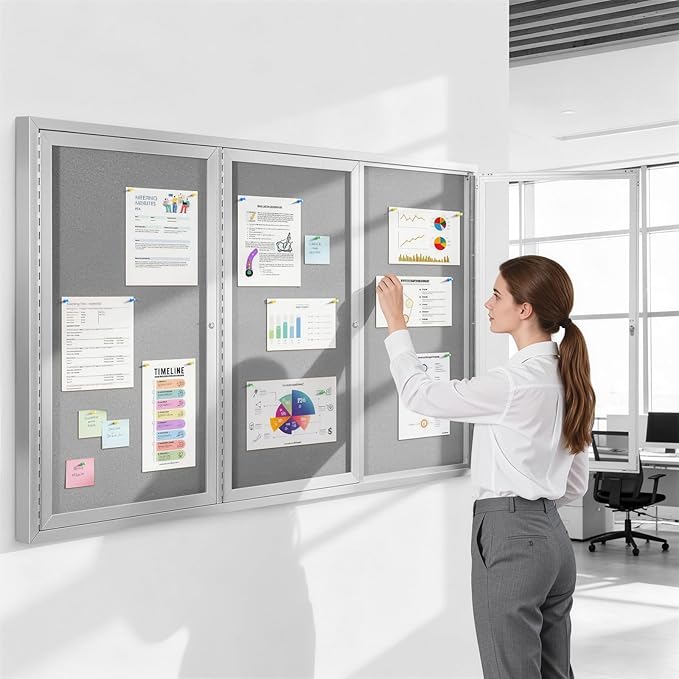 SWANCROWN Outdoor Bulletin Board 70x43in, Enclosed Bulletin Board with Locking Door for Office School Commerce, Grey Felt, Sliver Aluminum Frame