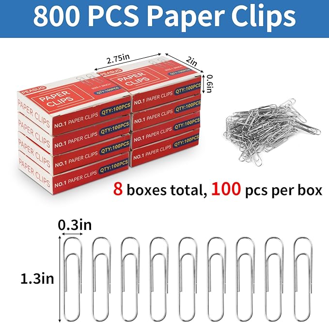 800 Pcs Medium Paper Clips,#1 Smooth Paperclips for Home, School and Office Use,1-2/7 "Rustproof Metal Silver Paper Clips,8 Boxes of 100 Each, 1.3 inch