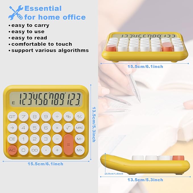DECKLIT Mechanical Calculator 12 Digit, 5-Inch LCD Display, Battery Desk Calculator With Big Buttons, 15 Tilt Screen for Office and Kids (Yellow)