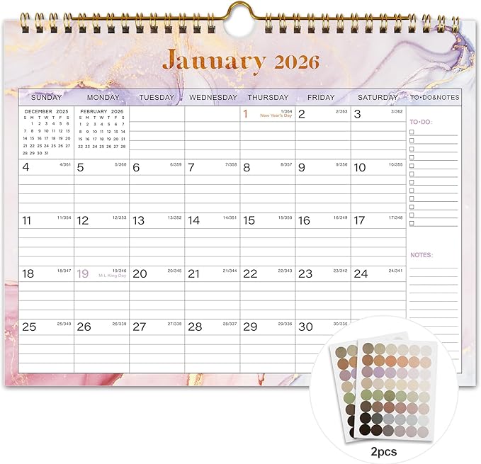 2026 Wall Calendar - 12 Monthly Calendar 2026, January 2026 - December 2026,11.5" x 14.8", 2026 Calendar with Twin-Wire Binding, Hanging Hook, Blocks and Julian Dates (Wall Calendar Purple)