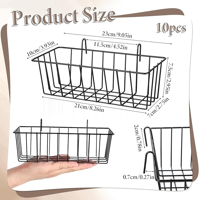SHENLIU 10 Pcs Wire Baskets, Hanging Basket Grid Wall Baskets No Drilling Walls Storage And Display Basket, Black Grid Walls Accessory for Wall, Kitchen, Home Decor Supplies