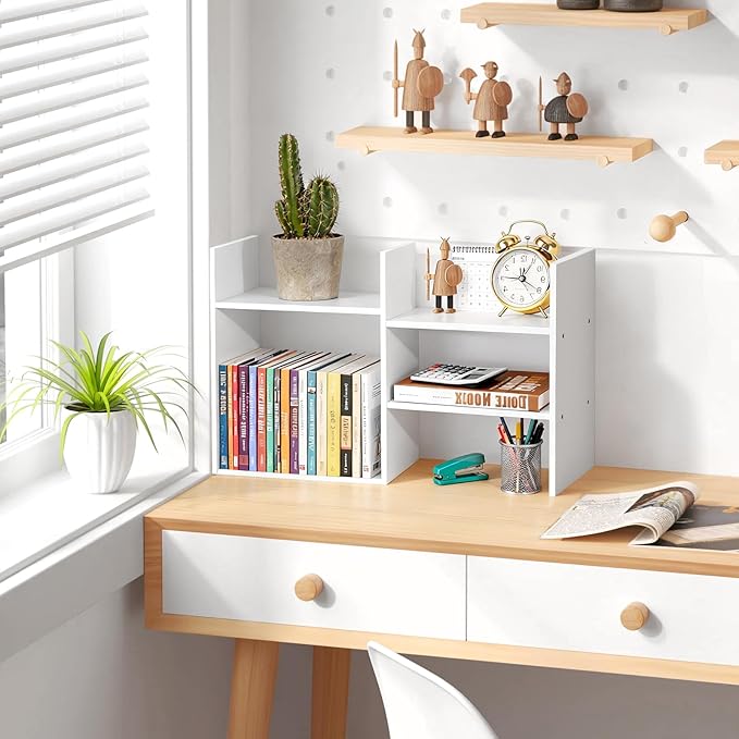 White Desktop Shelf Organizer for Top of Desk - Wood Desk Hutch for Dorm Room Essentials & Home Office - Small Tabletop Bookshelf for Storage & Decor Display