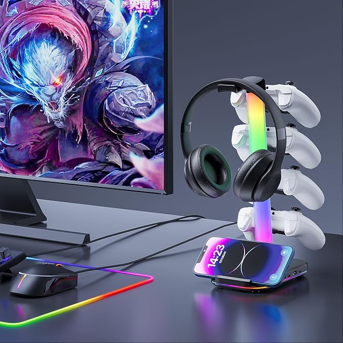 Controller Holder 5 Tier Headphone Stand Gaming Headset Holder RGB PC Gaming Accessories for Desk, Cool LED Headset Stand with 2 Type-C Outport, 1 USB Charger for Gamer, Black
