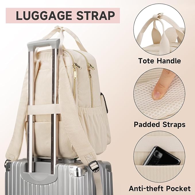 MATEIN Backpack for Teen Girls, 15.6 Inch Cute Corduroy Laptop Backpack Aesthetic College School Bookbag with USB Charging Port, TSA Lightweight Soft Kawaii Travel Backpacks for Women Nurse, Beige