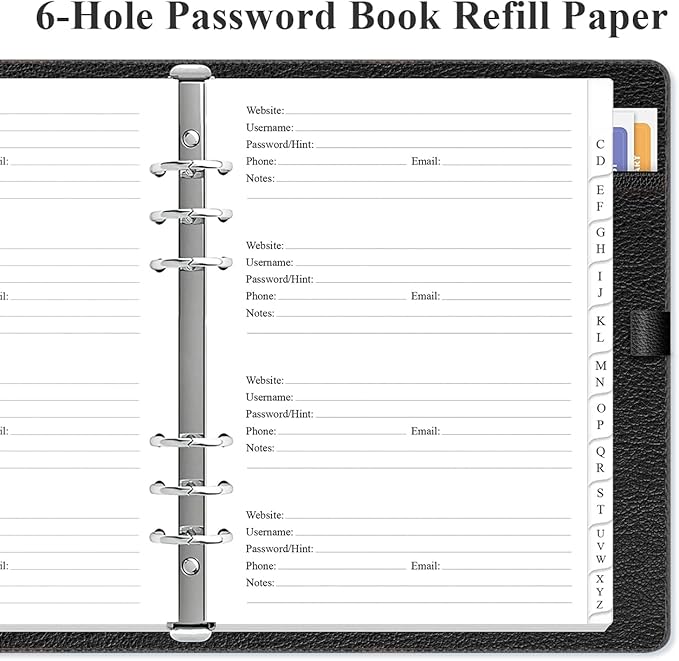 Password Book Refills for A5 Binder - A-Z Password Notebook Refill Paper with Alphabetical Tabs, 120gsm White Paper, 6-Hole Punehed, 5.8" x 8.3"