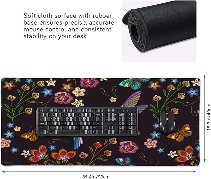 Extra Large Mouse Pads Hummingbirds and Flowers XXL Mousepad with Stitched Edges Humming Birds Non-Slip Rubber Base Computer Keyboard Pad Desk Mat for Home Office Desk Decor, 35.4" X 15.7"