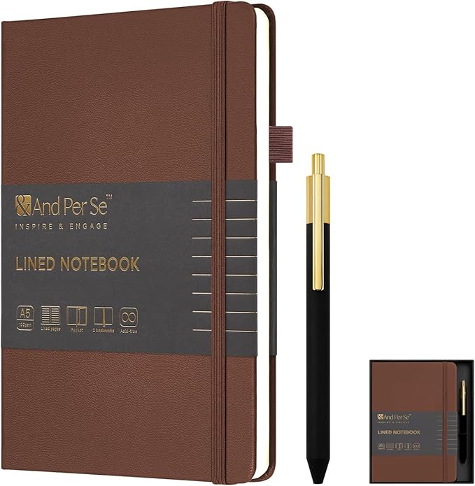 &And Per Se Lined Journal and Pen Set, A5 Leather Hardcover Notebook with Pen & Stationary Set, 160 Pages 100GSM Thick Ruled Paper Journal for Business Work Writing (Brown, Gift Set)