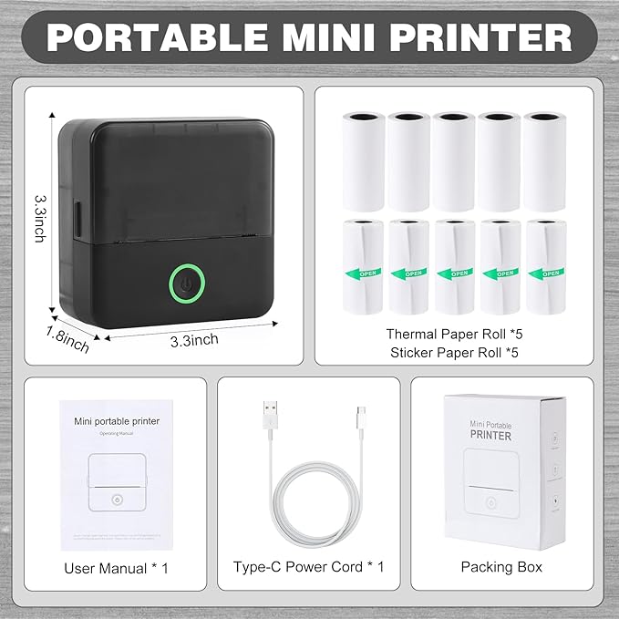cudinham Print Pods Mini Printer, Sticker Printer with 10 Rolls Thermal Printing Paper, Inkless Pocket Printpod for Phone, Impresora Portátil for Notes, DIY, Compatible with iOS & Android (Black)