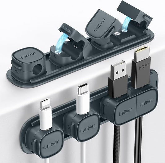 6 Pack Magnetic Cable Clips [1s Open/Lock], Laitver Cord Organizer Holder Strong Adhesive Desk Cable Management- Organize Charging Cords Neatly for Home, Office, Car,Desk, Nightstand-Sea Blue