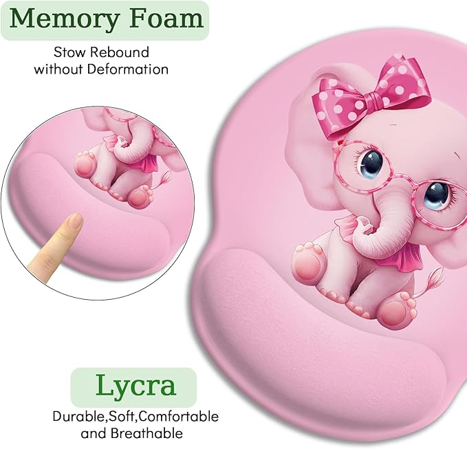 Ergonomic Mouse Pad with Gel Wrist Rest, Non-Slip PU Base & Cute Pink Elephant Design for Comfortable Office, Gaming, Home Use - Valentine's Gift for Her