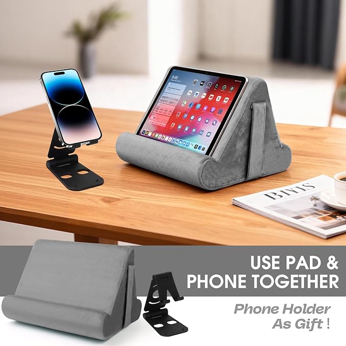 Multi-Angle Tablet Stand with Soft Pad and Net Pocket - Universal Lazy Holder for Lap, Knee, Sofa and Bed(Grey)