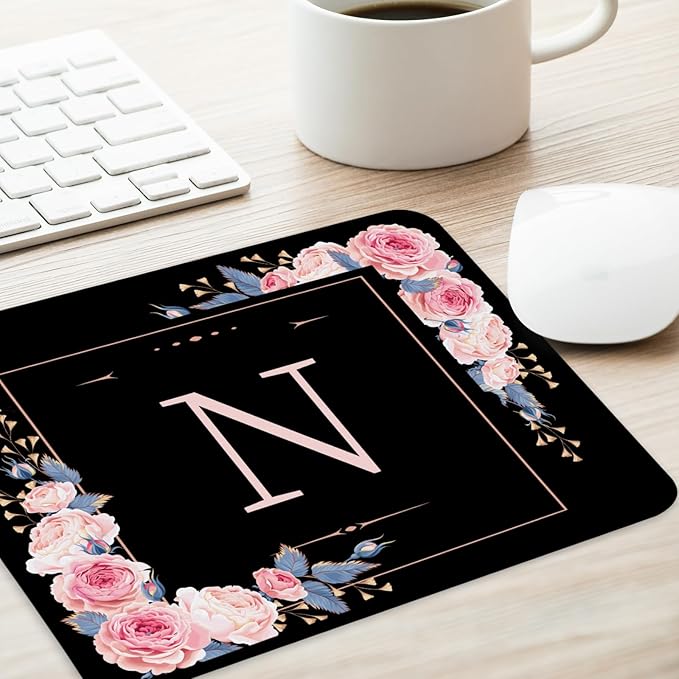 Letter N Black and Pink Flowers Square Mouse Pad, Mouse Pad with Stitched Edge and Non-Slip Rubber Base,Mouse Mat,Home Office Decor Desk Accessories,9.4x7.8x0.12 inch Square Mouse Pad
