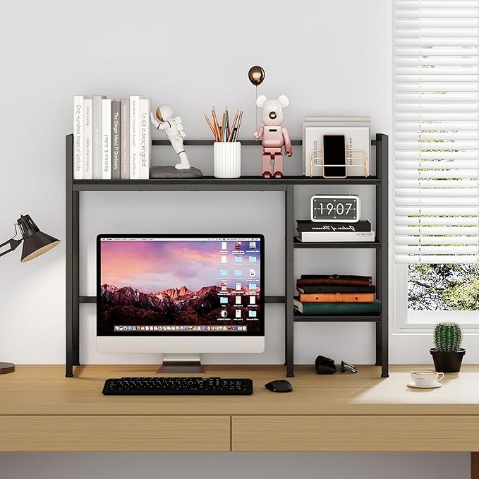 38.6" Book Shelf with 3 Tier Open Shelves Bookshelf and Desk Shelfs to Combined for Computer Desks, Desk Hutch for Top of Desk, Bookcase for Dorm or Office, Adjustable Desktop Shelf, Black
