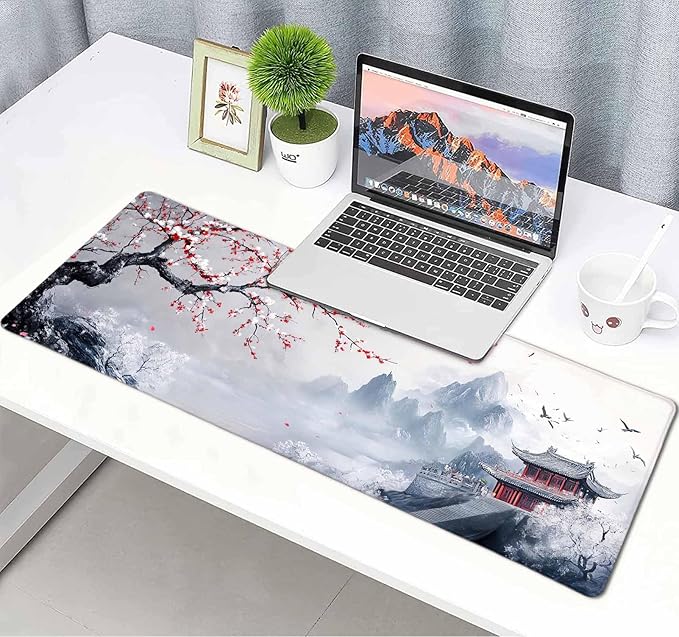 Cherry Blossom Japanese Large Mouse Pad, Desk Mat Computer Keyboard Pad Non-Slip Rubber Base Waterproof with Stitched Edges for Laptop Gaming, Office & Home 31.5 x 11.8 Inch
