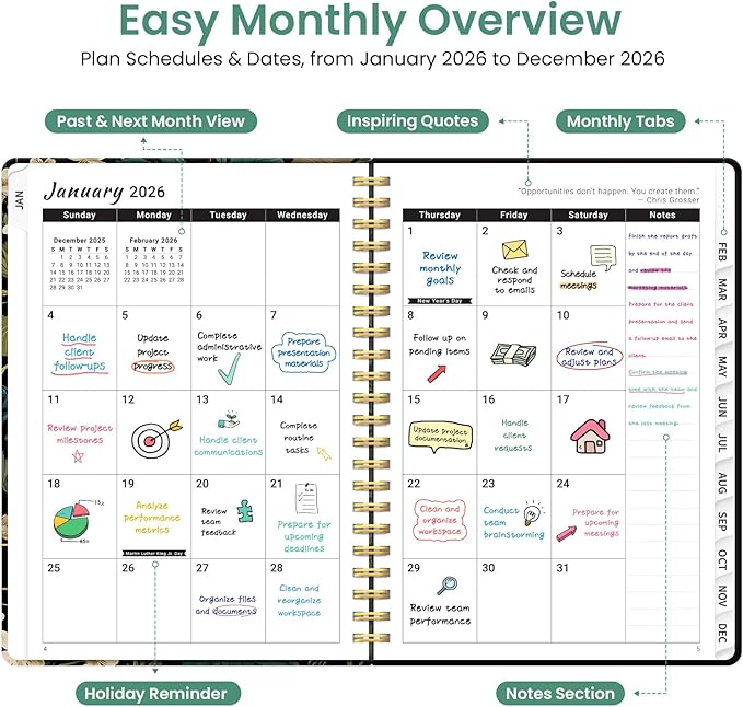 2026 Planner, Weekly and Monthly Planner for Women, January 2026 to December 2026, Pretty Hardcover 2026 Calendar Planner Book with Tabs, Inner Pocket, Spiral Bound, Perfect Office Home School Supplies - 6.3" x 8.5", Forest Botanica
