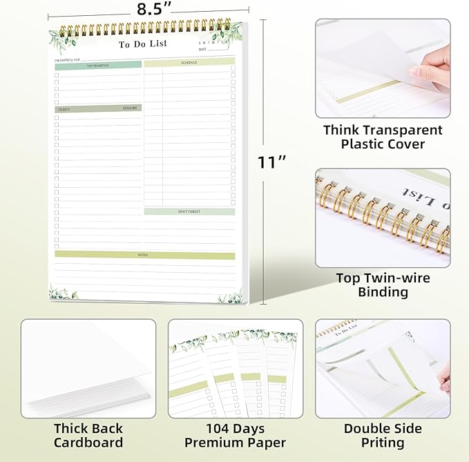 To Do List Notepad Undated, Daily To Do List Notebook (8.5"x 11") Spiral Daily Task Hourly Schedule Planning Pad with Checklist Suitable for Office, Home and School 104 Pages