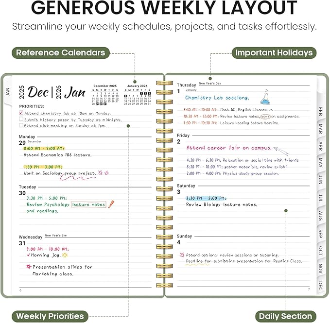 2026 Planner, Weekly and Monthly Calender Planner, Jan 2026 to Dec 2026, Hardcover 2026 Calendar Book with Tabs & Inner Pocket, Office Home School Supplies for Women & Men - A5 (6.3" x 8.5"), Green
