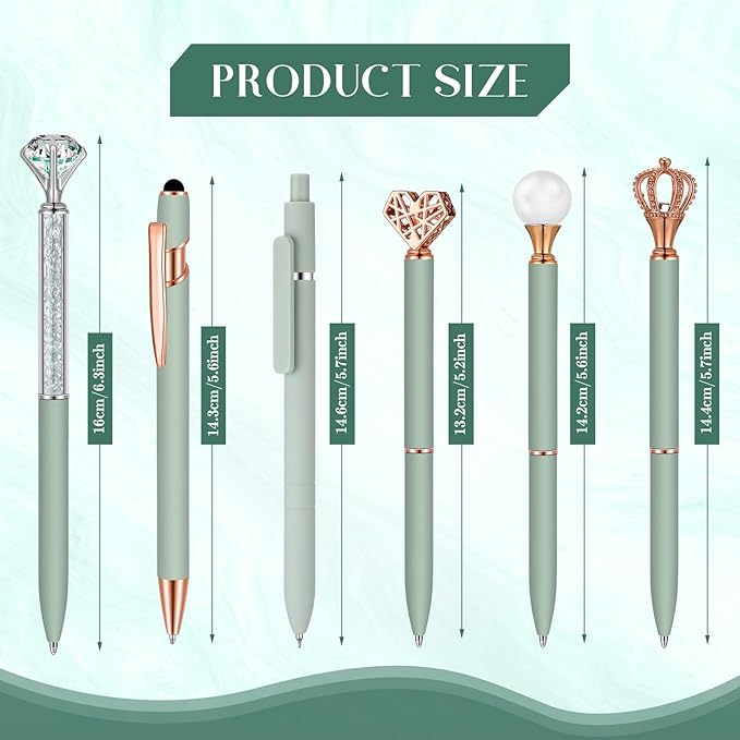 6 Pcs Ballpoint Pens Set Metal Crystal Diamond Pen for Journaling Glitter Pretty Black Ink Fancy Gifts Cute Stationery for Women Girls Teacher Office Wedding School Supplie (Sage Green)