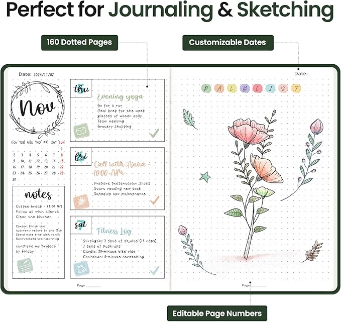 Taja Dotted Journal Notebook for Women & Men, Hardcover Leather Journal for Writing, A5 Dotted Journaling Notebook for Work & Sketching, Perfect for Office School Home Supplies, 160 Pages, Dark Green