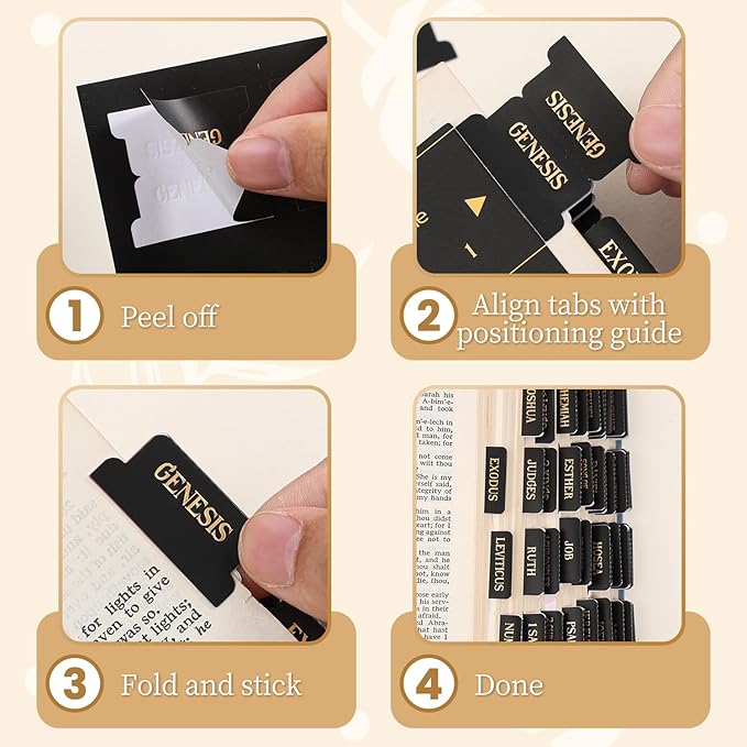 Laminated Bible Tabs, Gold Foil Embossed Lettering Bible Chapter Index Tabs for Women Men, Reposition Large Print Sticky Labels, Easy to Read and Apply, 105Chapters Labels for Easy Navigation (Black)