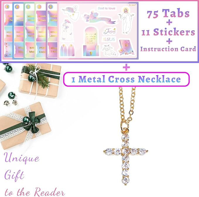 Bible Tabs with Gold Necklace, Laminated Bible Tabs for Women Men, Christian Gifts, Large Print Bible Tabs for Easy Navigation, Bible Book Index Tabs Labels, Bible Study Supplies, RB3