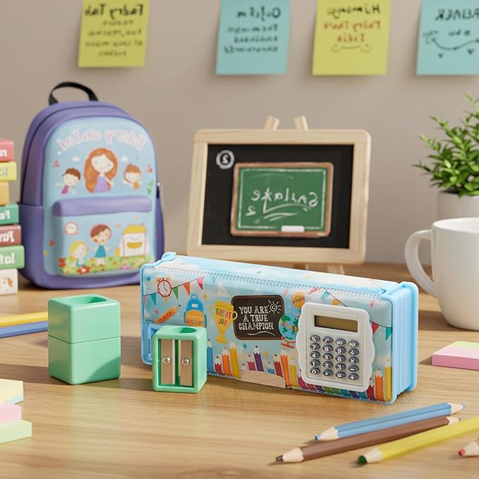 Henoyso Multifunctional Pencil Box for Boys Blue Inspirational Pencil Case with Calculator and Sharpener Cool Pencilcase School Supplies Essentials Christmas Birthday Gift Present for Kids Teens