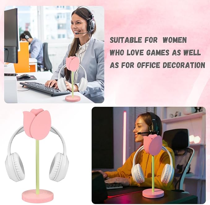 Yookeer Cute Headphone Stand Decorative Tulip Headphone Stand Cute Pink Flower Wood Desk Decor for Gamer Room Office Desk Christmas Gaming Gifts for Girlfriend Office Worker