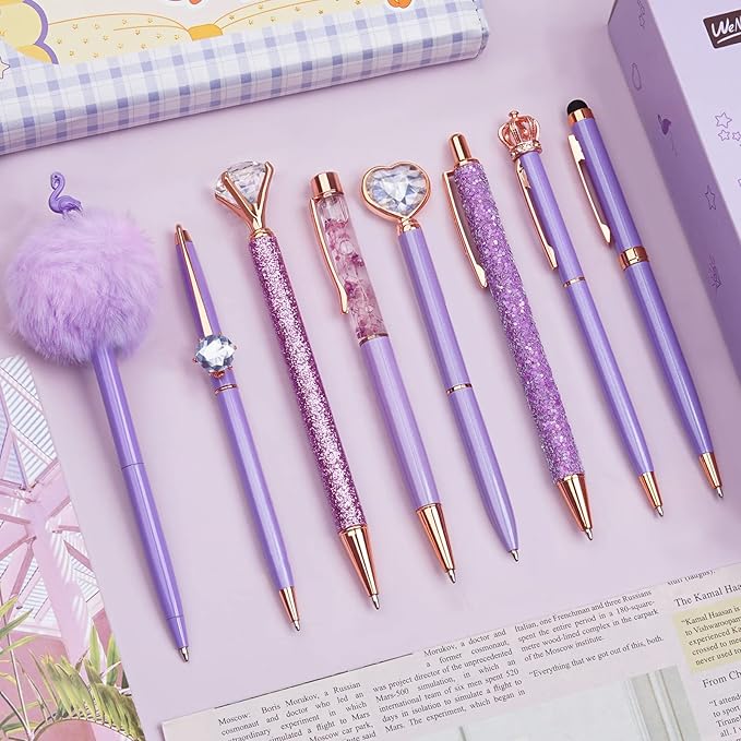 WEMATE 8Pcs Purple Pens, Metal Crystal Diamond Pen with Black & Blue Ink, Pens for Journaling, Office Supplies Fancy Pens for Women, Back to School Supplies for Girls Birthday (Purple)