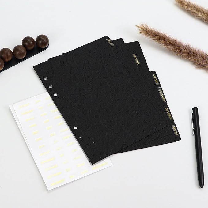 Leather Textured A5 Paper Card Dividers 6 Holes Ring Index Page Tab Divider for Travel Diary Binder Notebooks Journal Plan (6 Tab with 3 Stickers)