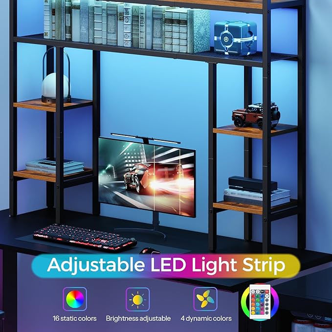 Desktop Shelf with LED Light Strip, Desktop Hutch with Adjustable Feet and Anti-Tip Kit, Storage Shelf with Particleboard Shelves and Wire Mesh, for Study, Home Office, Rustic Brown DSHR9801