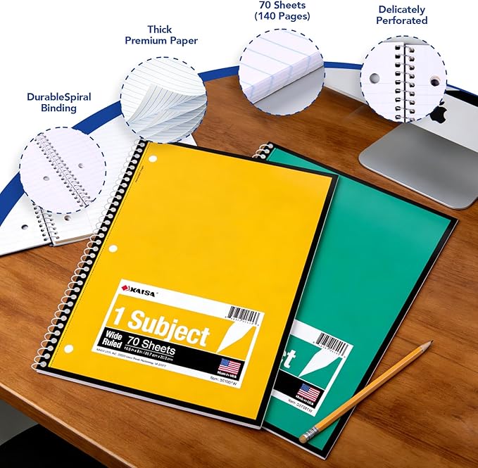 KAISA Spiral Notebooks bulk 1 Subject Note Books,70 Sheets 6 Vibrant Color Options, 8 Pads Per Color – Abundant Stock for All Your Needs 10.5x8in Wide Ruled, Paper Note Books Home School Supplies for Students Office, 1Carton of 48Books