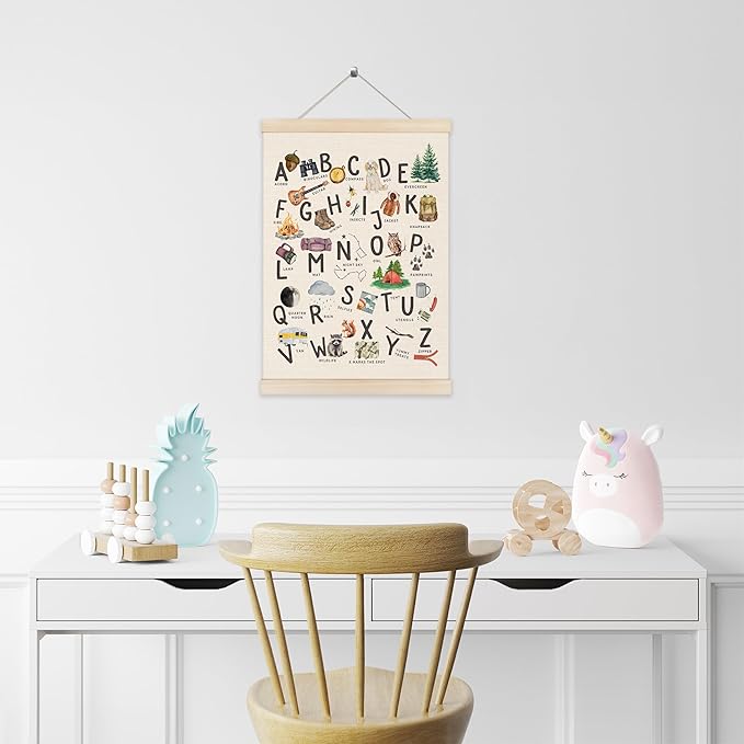 Koesus Camping Alphabet Nursery Wall Art Poster Hanger Frame 12x16 Inch, Camper RV Decor, ABC Educational Learning Canvas Pictures Prints Framed Wall Decor for Kids Room Nursery Preschool Classroom
