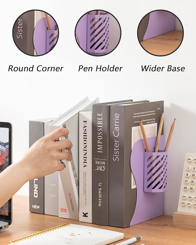 Kingsmile Book Ends, Adjustable Bookends for Shelves, Metal Bookends for Heavy Books, Book Stopper Organzier with Pen Holder for Desk, Kids Room, Office, Classroom, Library, Study Room.(Purple)
