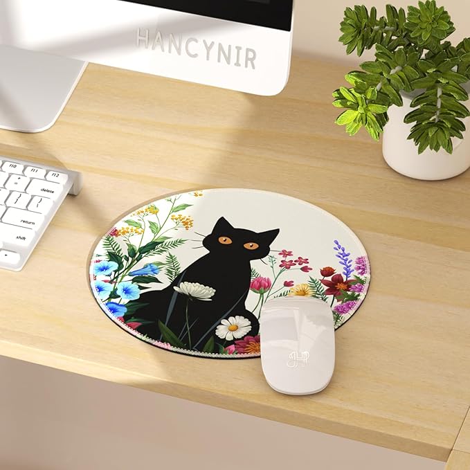 Black Cat Floral Mouse Pad for Desk, Small Cute Mousepad with Non-Slip Base, Round Mouse Pads for Wireless Mouse Laptop Gaming, Computer Mouse Mat for Office Decor Desk Accessories Supplies