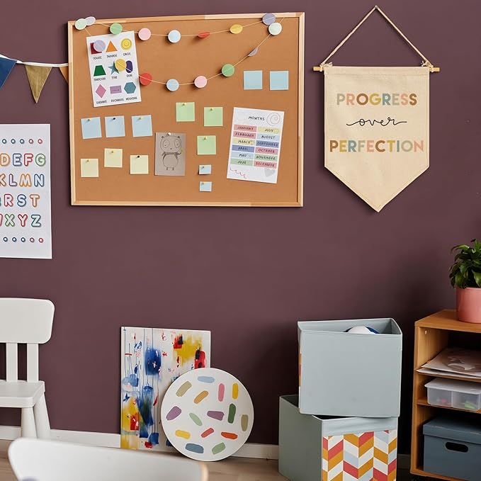 Progress Over Perfection-Teacher Gift-Classroom Wall Decor-Reading Room Homeschool Decor-Canvas Hanging Pennant Flag Banner Wall Sign-Positive Affirmation Inspirational Growth Mindset-Mental Health