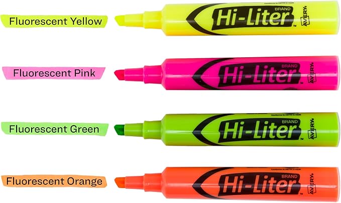 Avery Hi-Liter Desk-Style Highlighters, Smear Safe Ink, Chisel Tip, 4 Assorted Color Highlighters (24063)