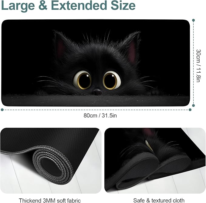 Cat-Inspired Extended Mouse Pad XL 31.5"x11.8" – Large Black Cat Desk Mat – Non-Slip Rubber Base, Stitched Edges