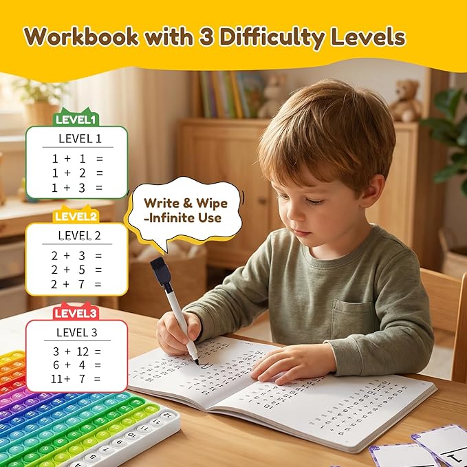 JoyCat Addition and Subtraction Flash Cards with Addition Toy,144 Flashcards for Pre K,1st,2nd,3rd 4th Grade,Math Manipulatives Tools for Homeschool, Classroom & Travel,with Workbook, Markers & Rings