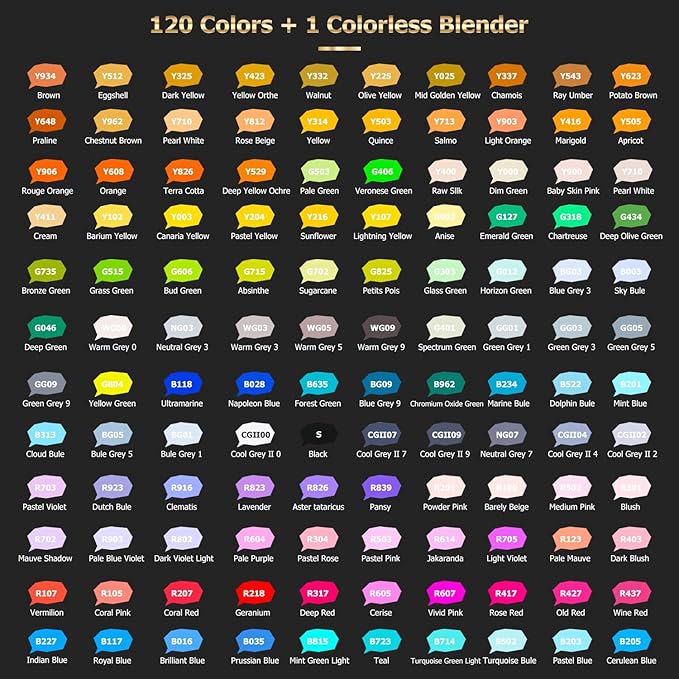 Caliart Alcohol Markers Brush Tip - 121 Colors Dual Tip Artists Coloring Markers Set Brush & Fine, with Case Permanent Alcohol Based Colored Sketch Pens, Art Supplies Gifts for Adults Drawing