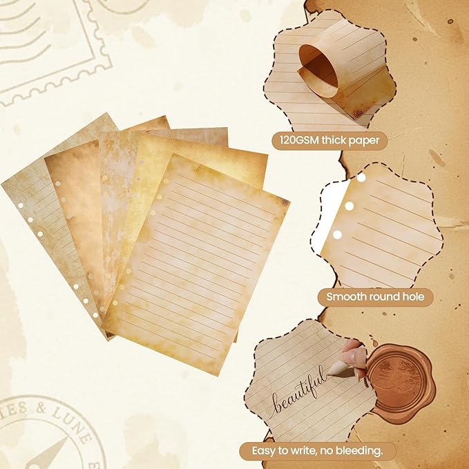100 Sheets Vintage A5 Refills Papers for Planner Insert Binder, 120GSM Thick Antique Retro Notebook Fillers, Aged Look 6 Hole Loose Leaf Papers for Old Fashion A5 6 Ring Binder Journal Diary Christmas