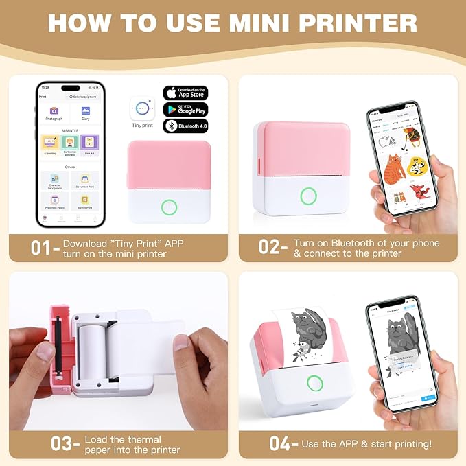 cudinham Print Pods Mini Printer, Sticker Printer with 10 Rolls Thermal Printing Paper, Inkless Pocket Printpod for Phone, Impresora Portátil for Notes, DIY, Compatible with iOS & Android (Pink)