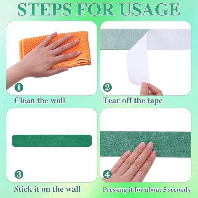 8 Pcs Felt Pin Board Bar Strips Bulletin Board 50 Pushpins and 10 Wooden Clip Pins Self Adhesive Cork Boards for Offices Home Wall Display Photos, Paste Notes, Schedules(Green)