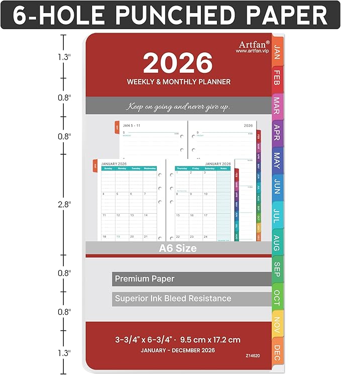 2026 Planner Refills - Planner Refills 2026 from JAN 2026 to DEC 2026, Weekly and Monthly Calendar, 3.75 x 6.75 inch, 6 Holes, A6 Size - Red