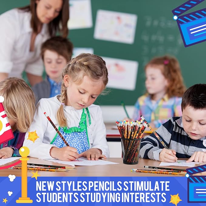 Sherr 36 Pieces Movie Night Pencils with Erasers Bulk, Wooden Colorful Pencils Bulk for Students Classroom Prize Birthday Stationery Party Favors, 4 Style