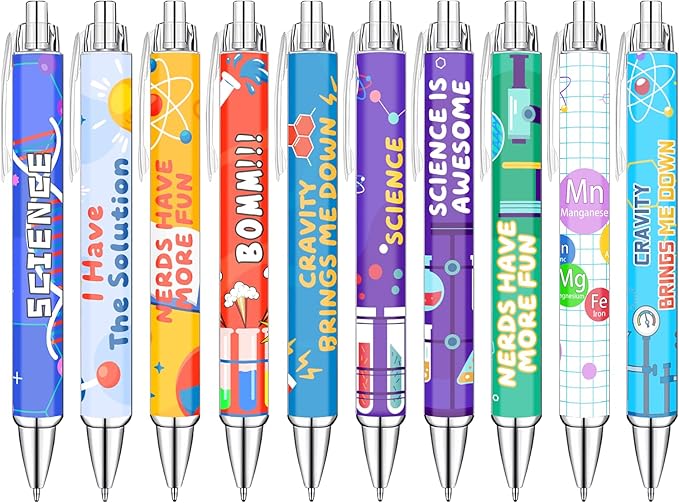 Science Theme Ballpoint Pens, 10 Pack – Colorful STEM Design Pens with Lab Icons, Chemistry Physics Biology Patterns, Smooth Writing Pens for Students, Teachers, Classrooms & School Supplies