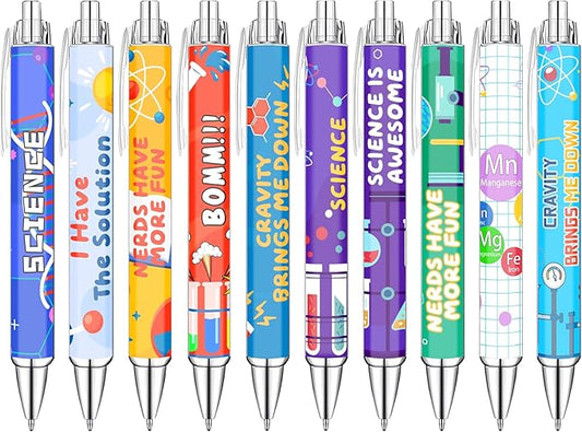 Science Theme Ballpoint Pens, 10 Pack – Colorful STEM Design Pens with Lab Icons, Chemistry Physics Biology Patterns, Smooth Writing Pens for Students, Teachers, Classrooms & School Supplies